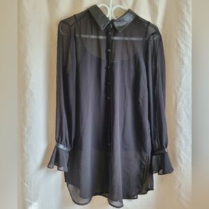 Chic Black Sheer Blouse with vegan Leather Collar
